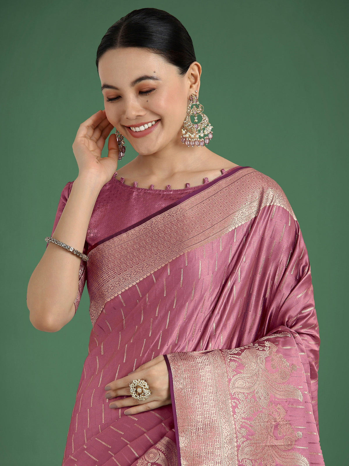 Monjolika Fashion Dusty Rose Pink Weaving Banarasi Satin Silk Trendy Saree For Festival | Grocsy