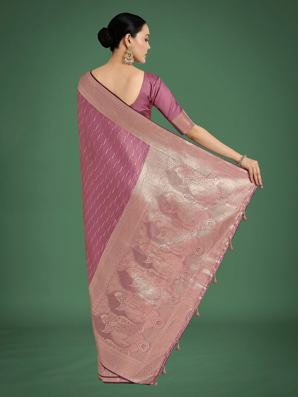 Monjolika Fashion Dusty Rose Pink Weaving Banarasi Satin Silk Trendy Saree For Festival | Grocsy