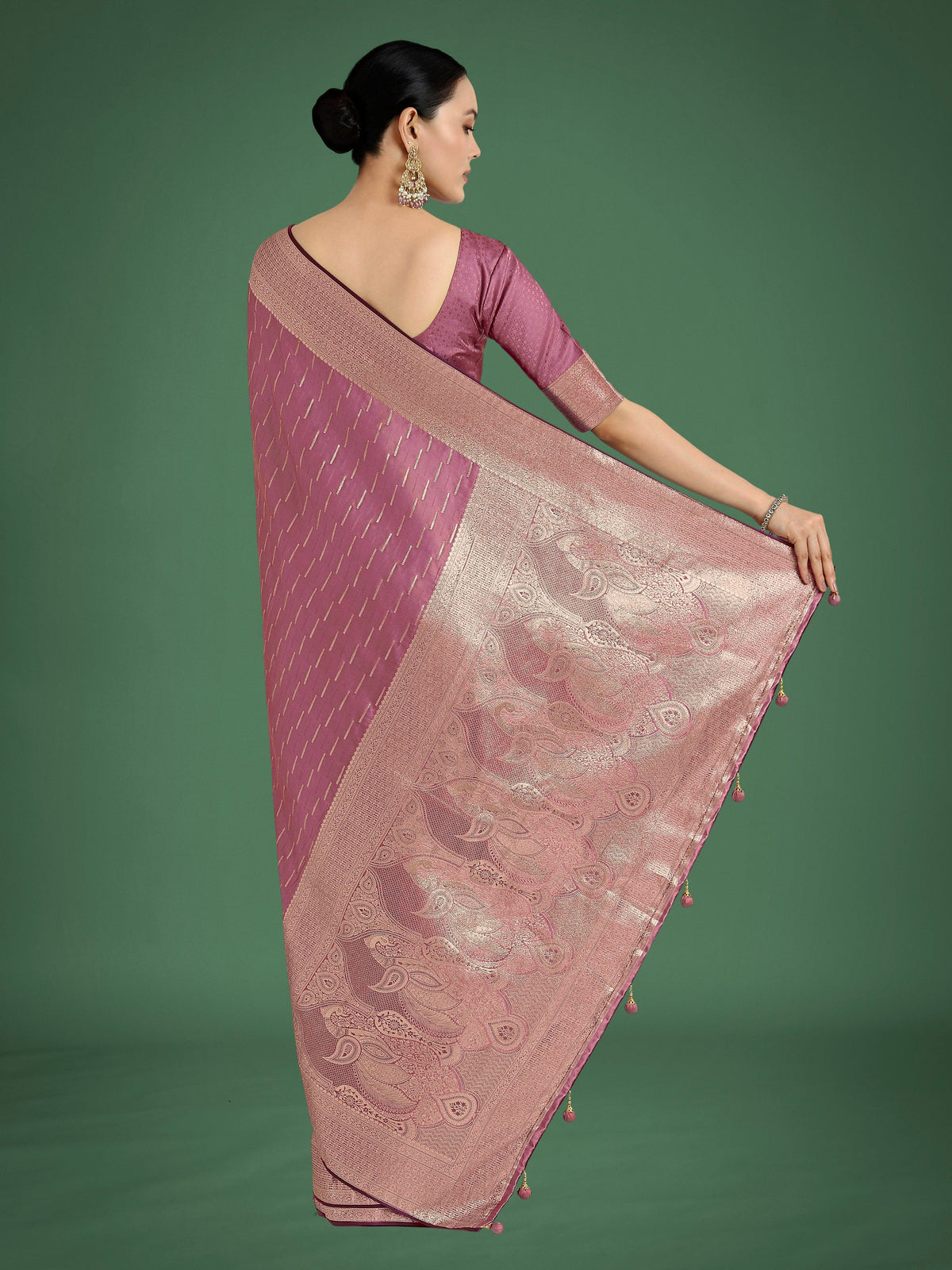 Monjolika Fashion Dusty Rose Pink Weaving Banarasi Satin Silk Trendy Saree For Festival | Grocsy