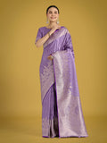 Monjolika Fashion Dusty Lavender Weaving Banarasi Satin Silk Trendy Saree For Festival | Grocsy