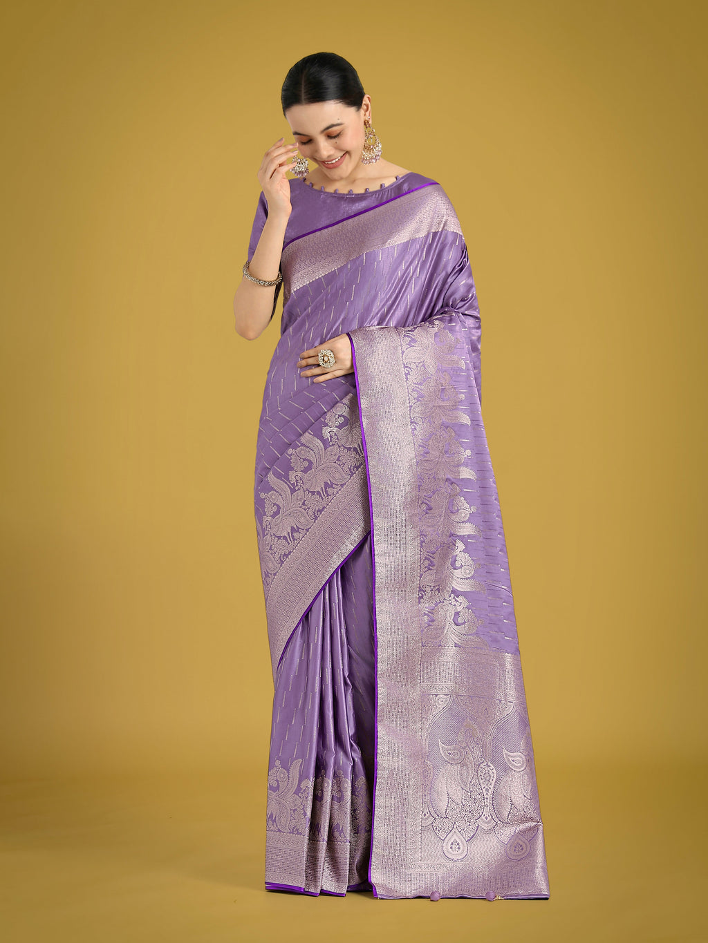 Monjolika Fashion Dusty Lavender Weaving Banarasi Satin Silk Trendy Saree For Festival | Grocsy