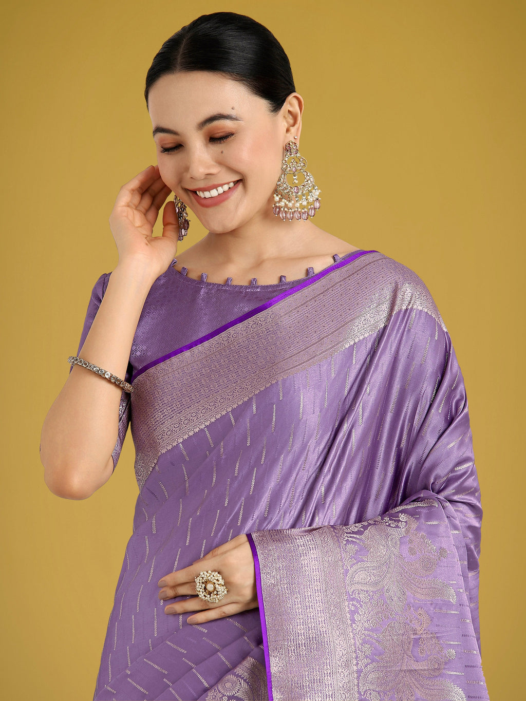 Monjolika Fashion Dusty Lavender Weaving Banarasi Satin Silk Trendy Saree For Festival | Grocsy