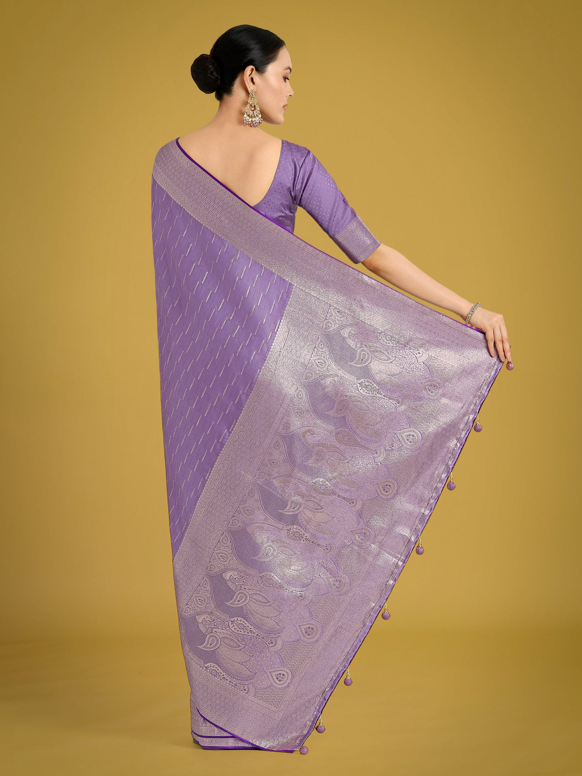Monjolika Fashion Dusty Lavender Weaving Banarasi Satin Silk Trendy Saree For Festival | Grocsy