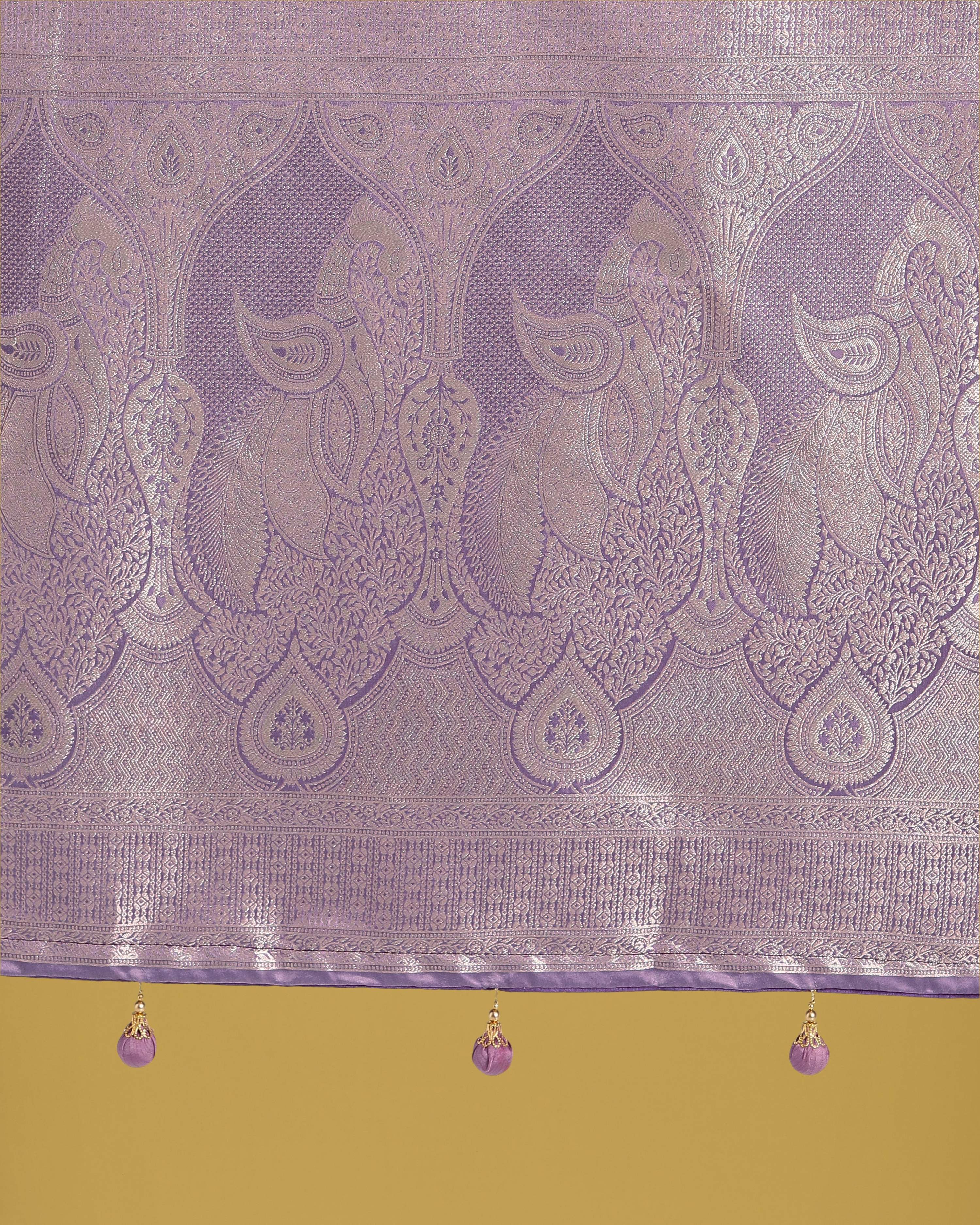 Monjolika Fashion Dusty Lavender Weaving Banarasi Satin Silk Trendy Saree For Festival | Grocsy