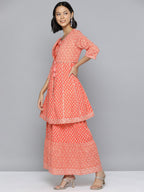 HERE&NOW Ethnic Motifs Print High Slit Cotton Kurta with Sharara | Grocsy