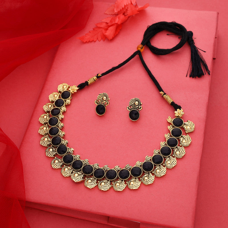 Tehzeeb Creations Black Colour Gold-Polished Stone Jewellery Choker Necklace Set With Matching Pair of Stud Earrings | Grocsy