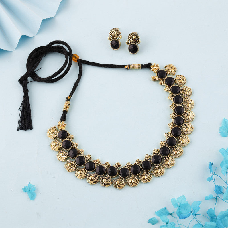 Tehzeeb Creations Black Colour Gold-Polished Stone Jewellery Choker Necklace Set With Matching Pair of Stud Earrings | Grocsy