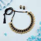 Tehzeeb Creations Black Colour Gold-Polished Stone Jewellery Choker Necklace Set With Matching Pair of Stud Earrings | Grocsy