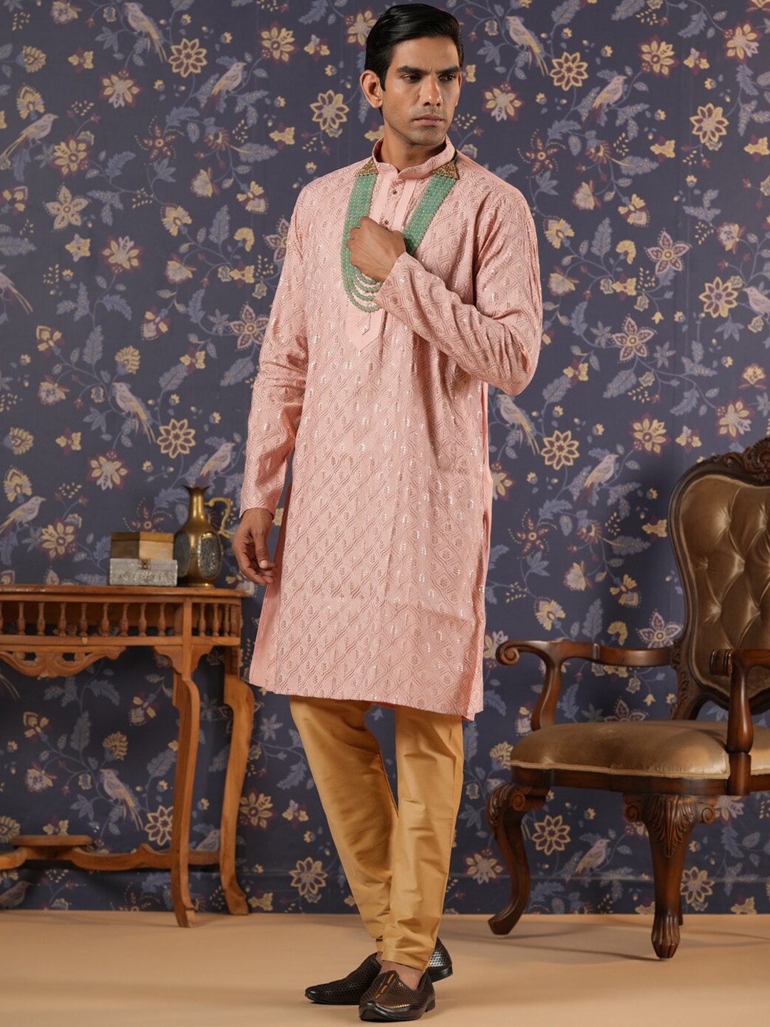 House of Pataudi Ethnic Motifs Embroidered Mandarin Collar Straight Kurta With Churidar | Grocsy