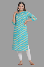 House of RP Women's Turquoise Cotton Floral Print Straight Kurta | Grocsy