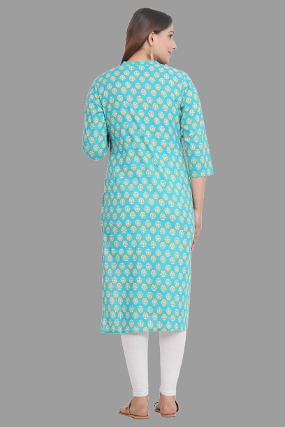 House of RP Women's Turquoise Cotton Floral Print Straight Kurta | Grocsy