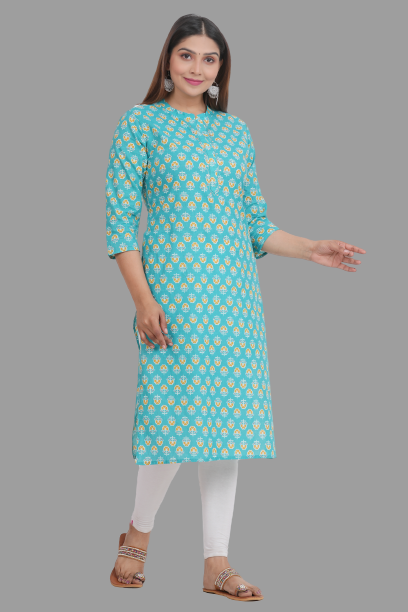 House of RP Women's Turquoise Cotton Floral Print Straight Kurta | Grocsy