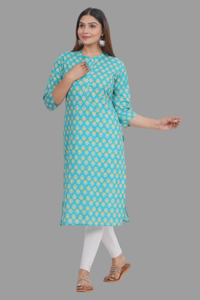 House of RP Women's Turquoise Cotton Floral Print Straight Kurta | Grocsy