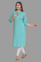 House of RP Women's Turquoise Cotton Floral Print Straight Kurta | Grocsy