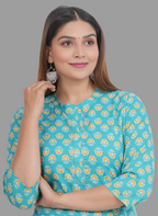 House of RP Women's Turquoise Cotton Floral Print Straight Kurta | Grocsy