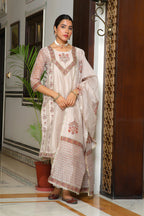 Vaasva Women Grey Chanderi Block Printed Embroidered Kurta Set With Solid Pants & Dupatta | Grocsy