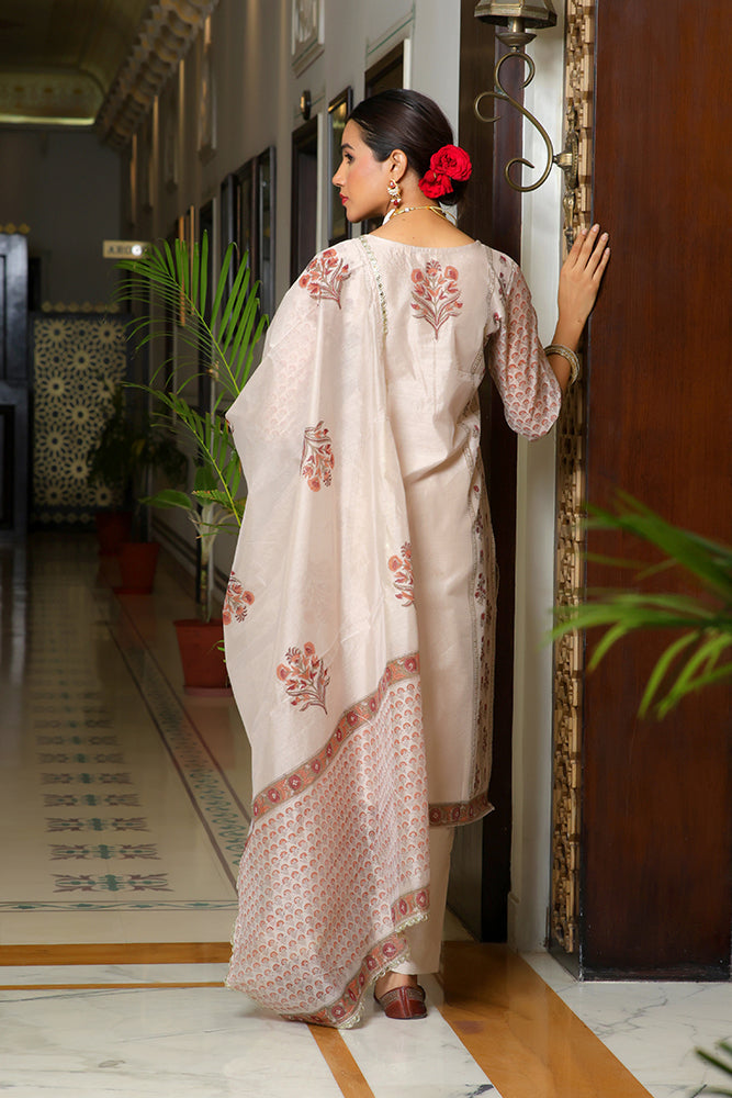 Vaasva Women Grey Chanderi Block Printed Embroidered Kurta Set With Solid Pants & Dupatta | Grocsy