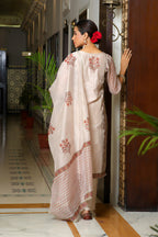 Vaasva Women Grey Chanderi Block Printed Embroidered Kurta Set With Solid Pants & Dupatta | Grocsy