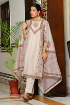 Vaasva Women Grey Chanderi Block Printed Embroidered Kurta Set With Solid Pants & Dupatta | Grocsy
