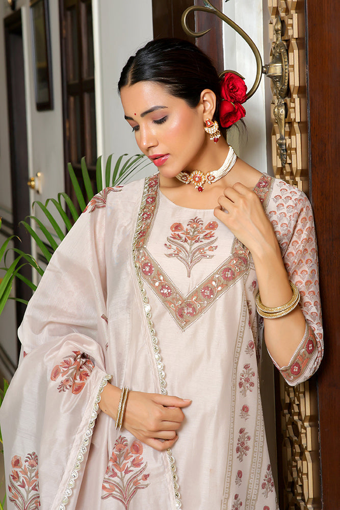 Vaasva Women Grey Chanderi Block Printed Embroidered Kurta Set With Solid Pants & Dupatta | Grocsy