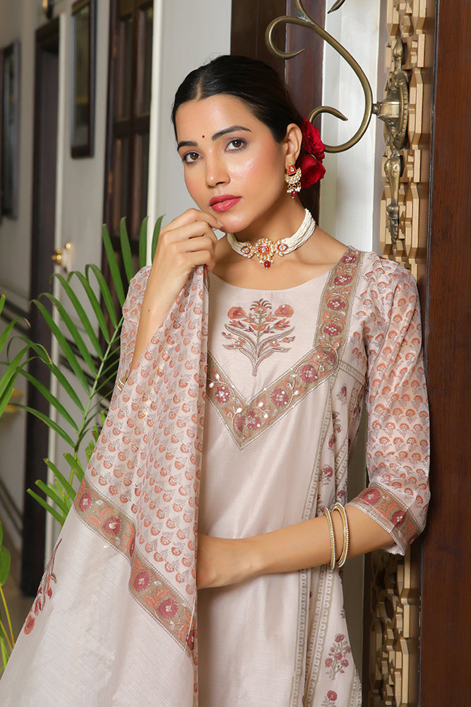 Vaasva Women Grey Chanderi Block Printed Embroidered Kurta Set With Solid Pants & Dupatta | Grocsy