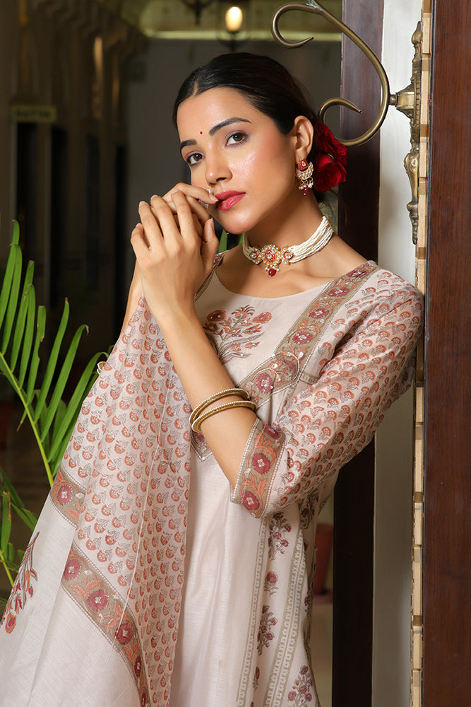 Vaasva Women Grey Chanderi Block Printed Embroidered Kurta Set With Solid Pants & Dupatta | Grocsy