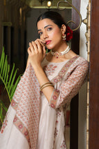 Vaasva Women Grey Chanderi Block Printed Embroidered Kurta Set With Solid Pants & Dupatta | Grocsy
