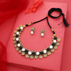 Tehzeeb Creations Black And White Colour Gold-Polished Stone Jewellery Choker Necklace Set With Matching Pair of Stud Earrings | Grocsy