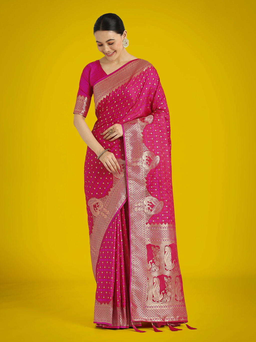 Monjolika Fashion Gorgeous Rani Pink Woven Banarasi Satin Designer Silk Saree | Grocsy