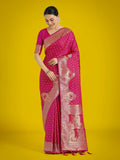 Monjolika Fashion Gorgeous Rani Pink Woven Banarasi Satin Designer Silk Saree | Grocsy