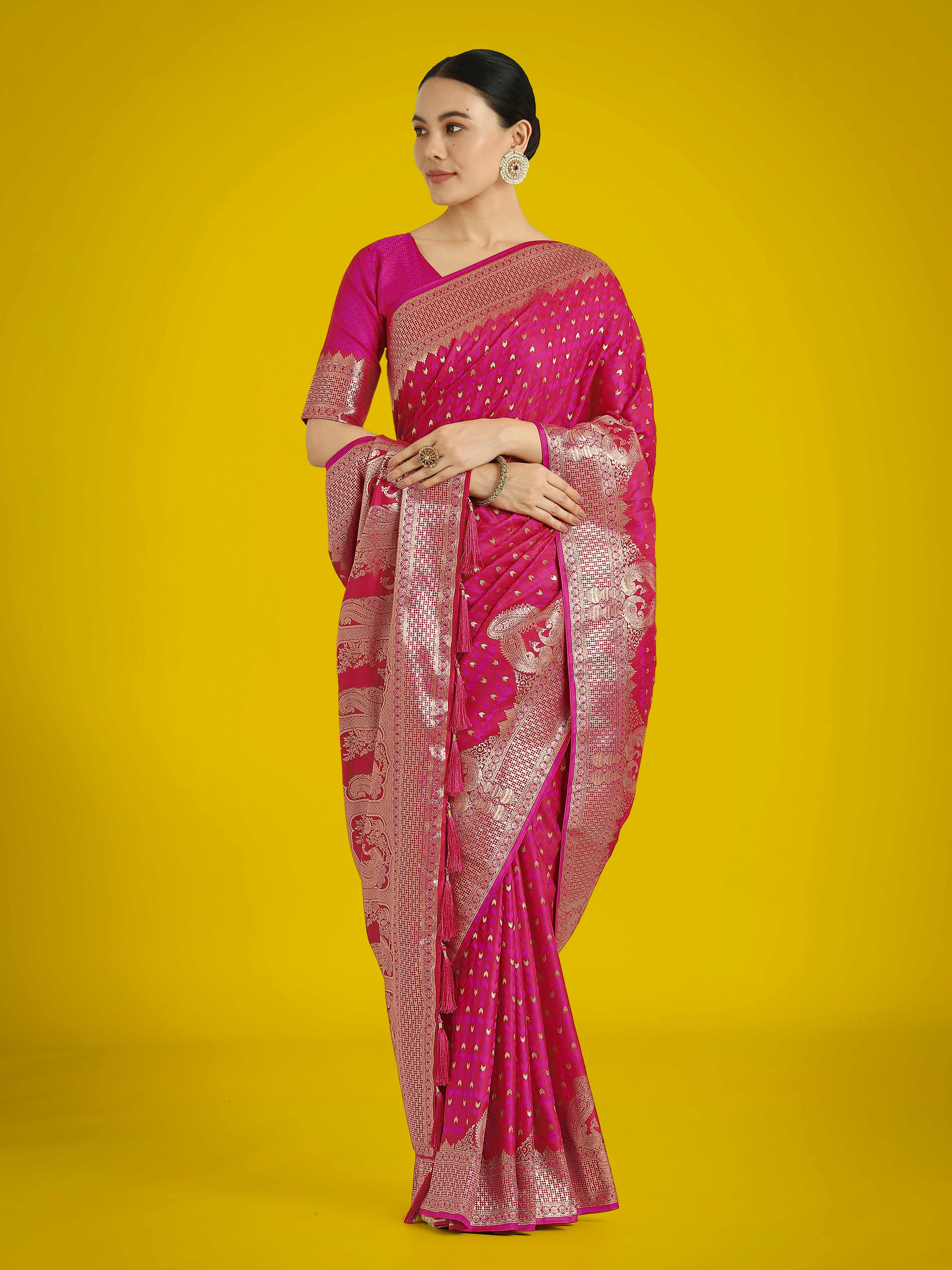 Monjolika Fashion Gorgeous Rani Pink Woven Banarasi Satin Designer Silk Saree | Grocsy