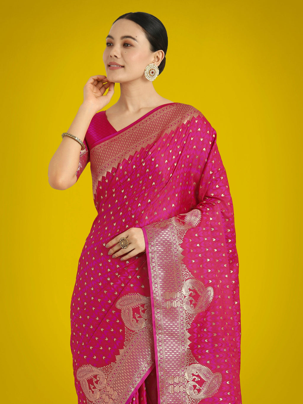 Monjolika Fashion Gorgeous Rani Pink Woven Banarasi Satin Designer Silk Saree | Grocsy