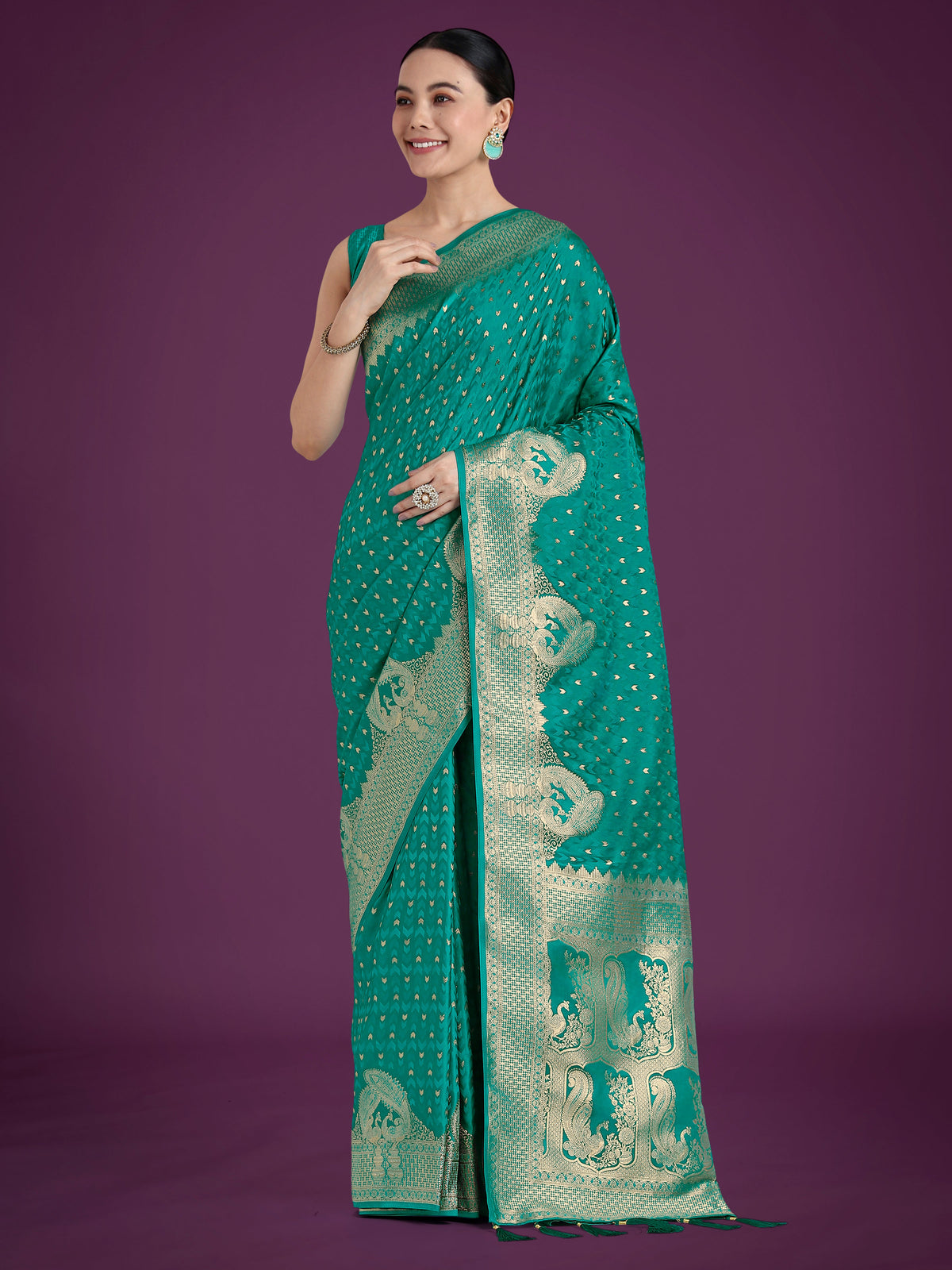 Monjolika Fashion Gorgeous Turquoise Woven Banarasi Satin Designer Silk Saree | Grocsy