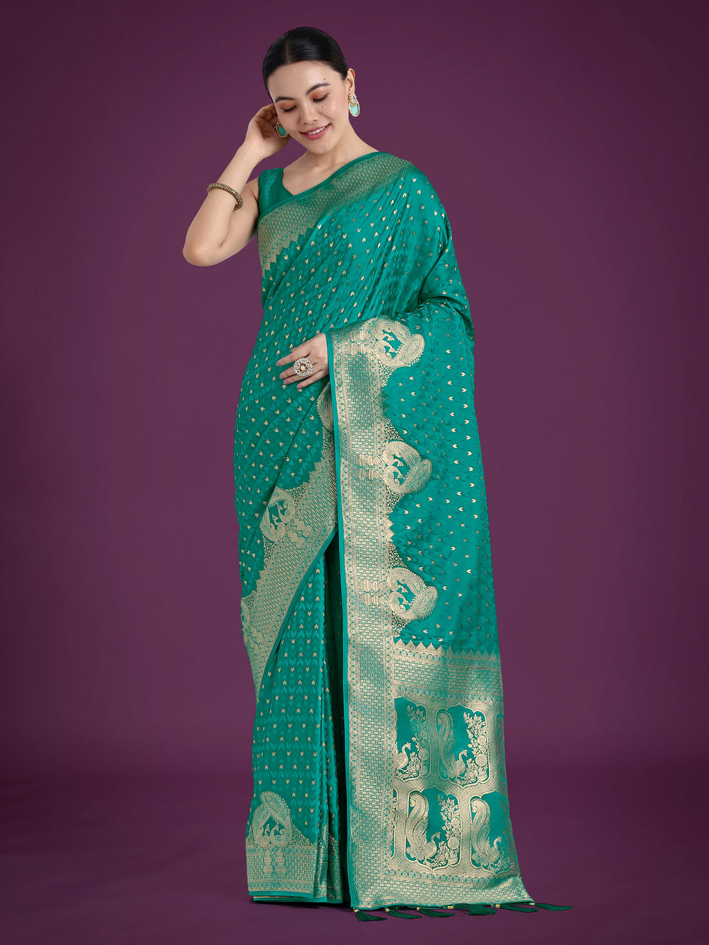 Monjolika Fashion Gorgeous Turquoise Woven Banarasi Satin Designer Silk Saree | Grocsy