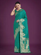 Monjolika Fashion Gorgeous Turquoise Woven Banarasi Satin Designer Silk Saree | Grocsy