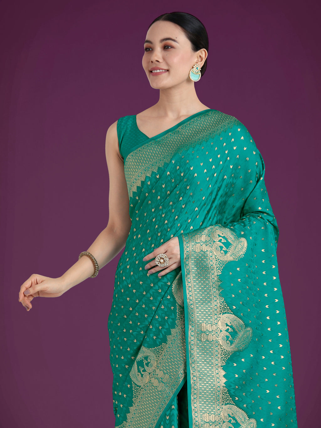 Monjolika Fashion Gorgeous Turquoise Woven Banarasi Satin Designer Silk Saree | Grocsy