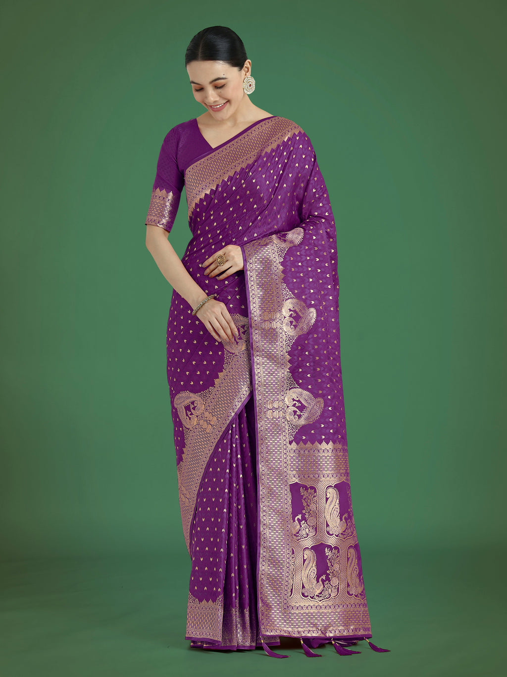 Monjolika Fashion Gorgeous Purple Woven Banarasi Satin Designer Silk Saree | Grocsy