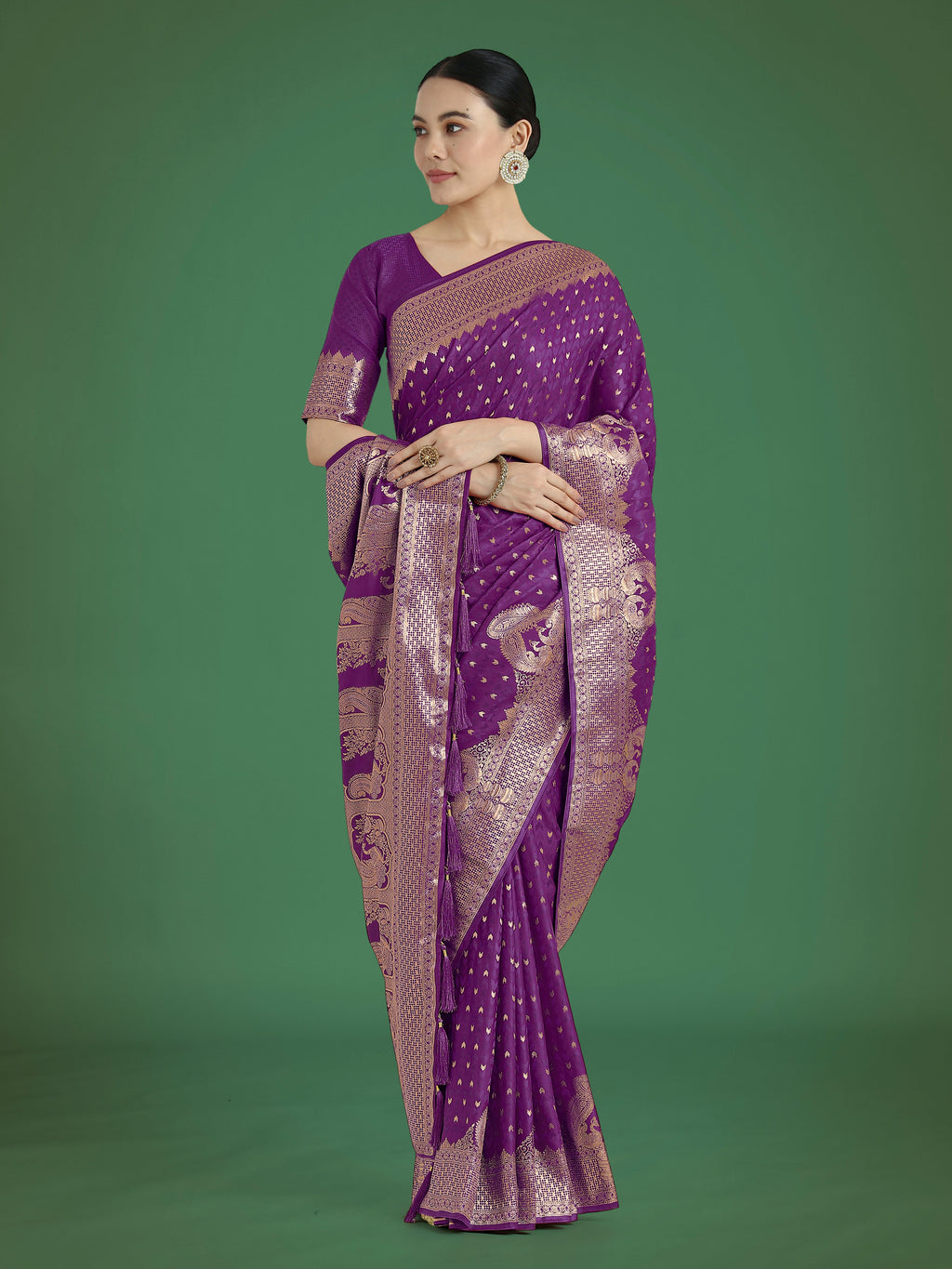 Monjolika Fashion Gorgeous Purple Woven Banarasi Satin Designer Silk Saree | Grocsy