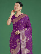 Monjolika Fashion Gorgeous Purple Woven Banarasi Satin Designer Silk Saree | Grocsy