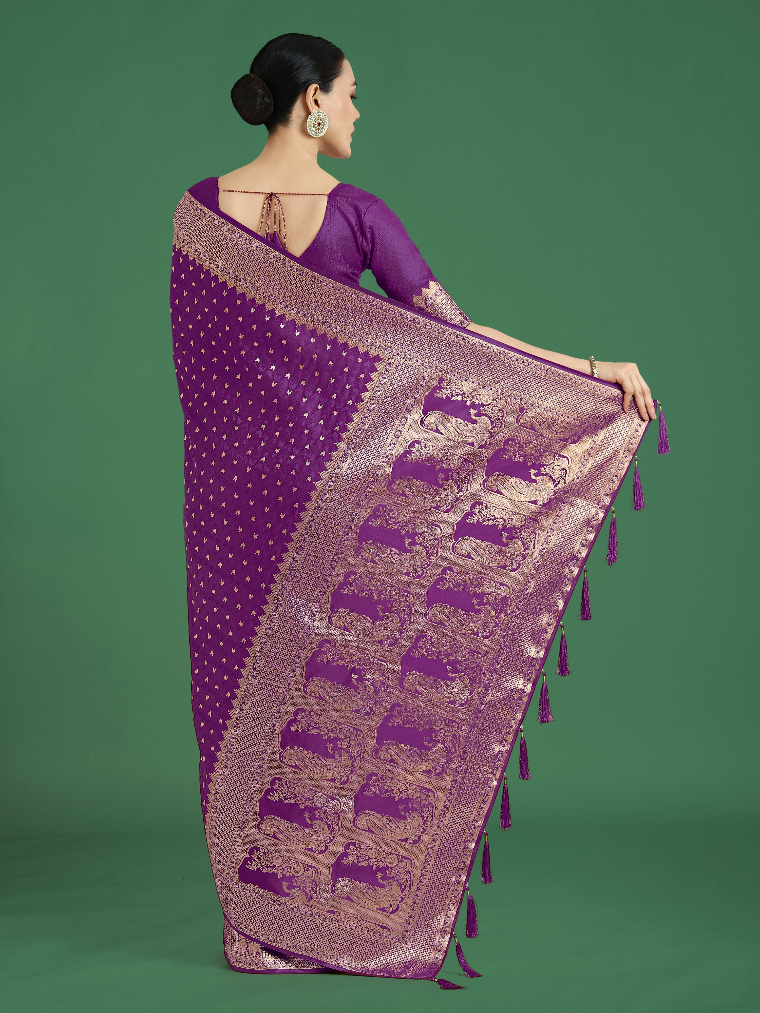 Monjolika Fashion Gorgeous Purple Woven Banarasi Satin Designer Silk Saree | Grocsy