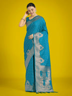 Monjolika Fashion Gorgeous Cyan blue Woven Banarasi Satin Designer Silk Saree | Grocsy