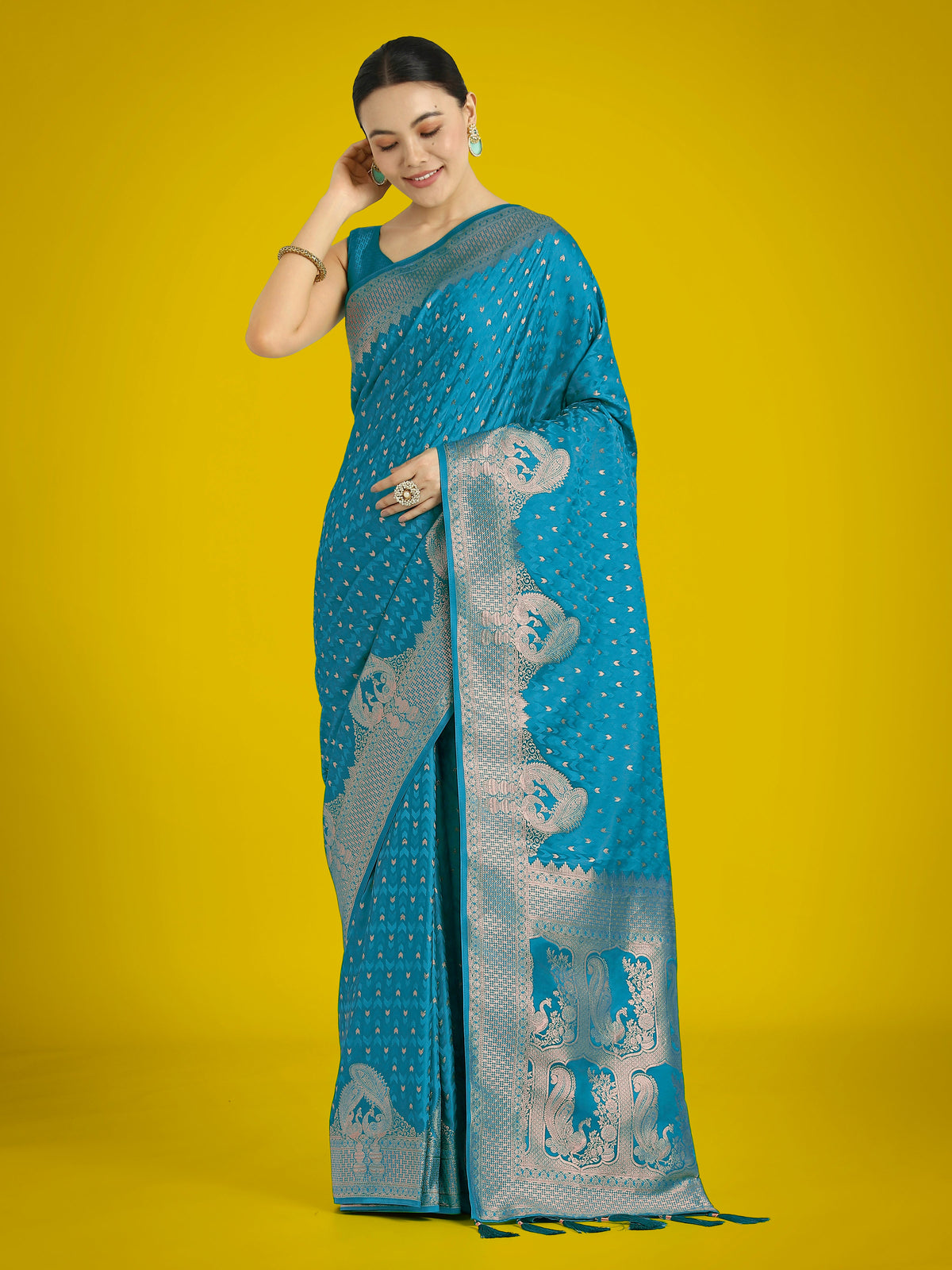 Monjolika Fashion Gorgeous Cyan blue Woven Banarasi Satin Designer Silk Saree | Grocsy