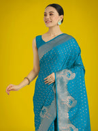 Monjolika Fashion Gorgeous Cyan blue Woven Banarasi Satin Designer Silk Saree | Grocsy