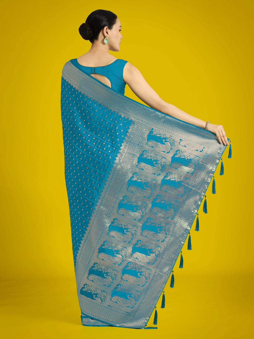 Monjolika Fashion Gorgeous Cyan blue Woven Banarasi Satin Designer Silk Saree | Grocsy