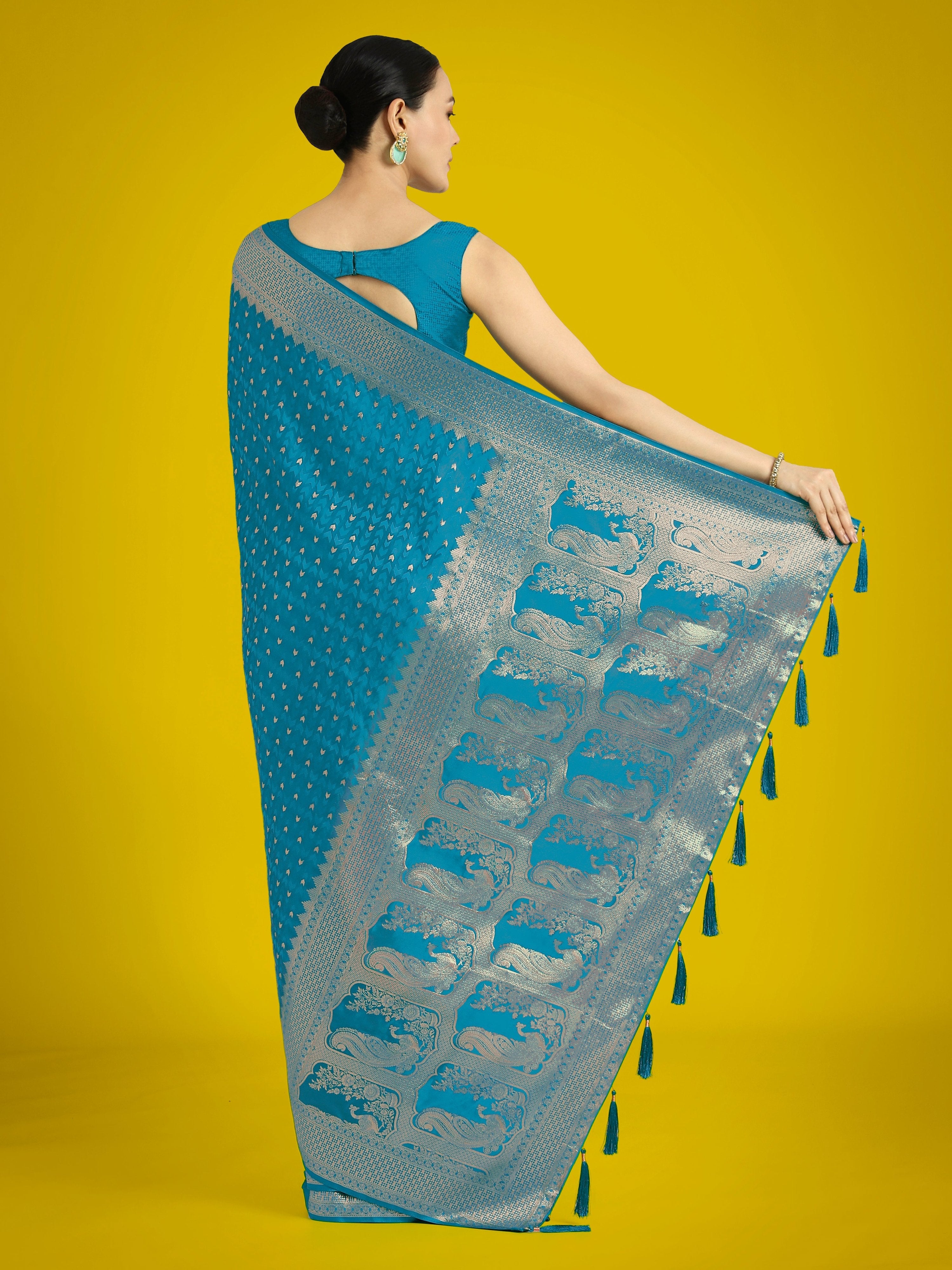 Monjolika Fashion Gorgeous Cyan blue Woven Banarasi Satin Designer Silk Saree | Grocsy