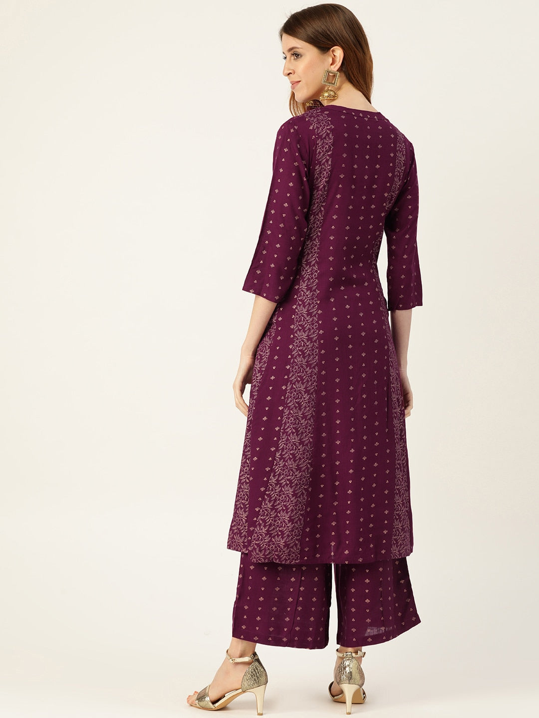Sangria Women Wine-Coloured & Golden Khari Printed Kurta with Palazzos | Grocsy
