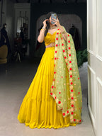 Lorenvalley Yellow Georgette Plain Lehenga Choli with Embroidery work Dupatta | Grocsy