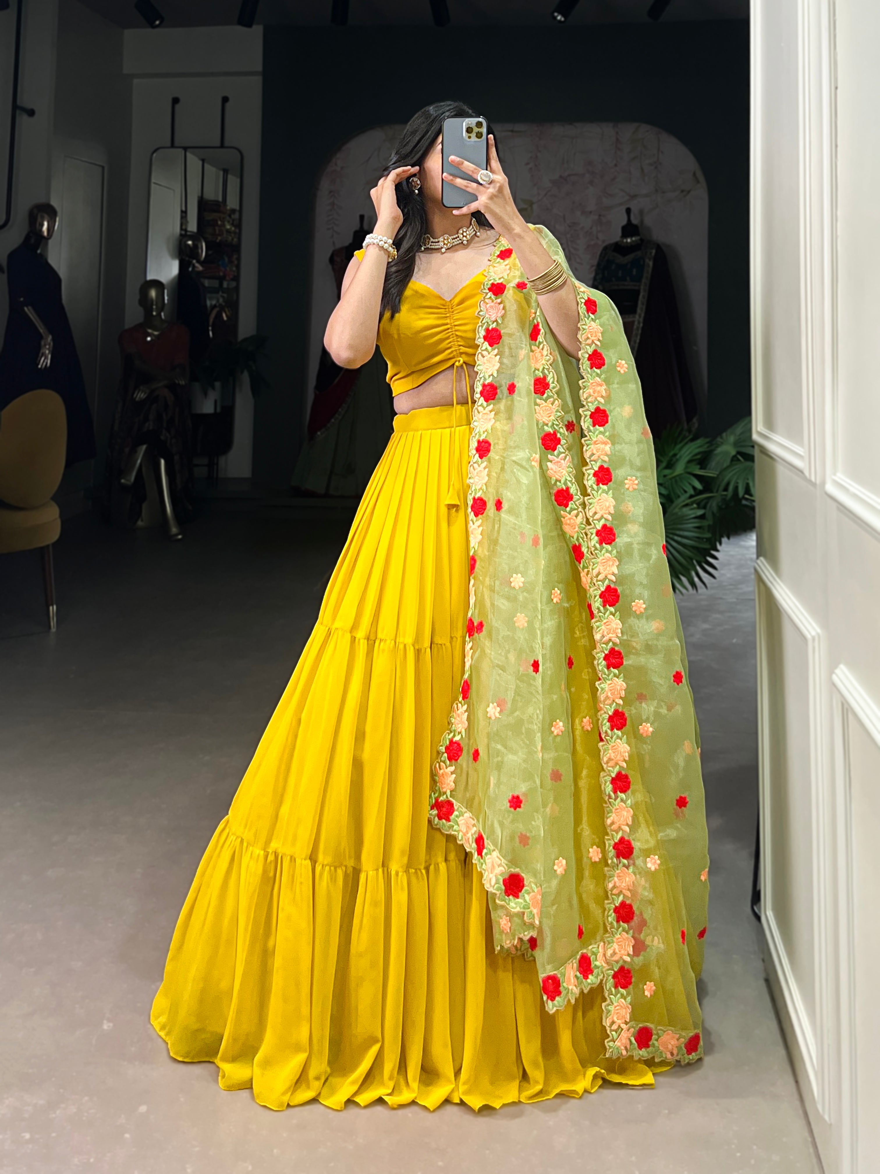 Lorenvalley Yellow Georgette Plain Lehenga Choli with Embroidery work Dupatta | Grocsy