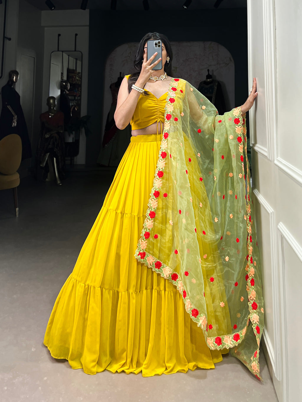 Lorenvalley Yellow Georgette Plain Lehenga Choli with Embroidery work Dupatta | Grocsy