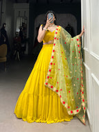 Lorenvalley Yellow Georgette Plain Lehenga Choli with Embroidery work Dupatta | Grocsy